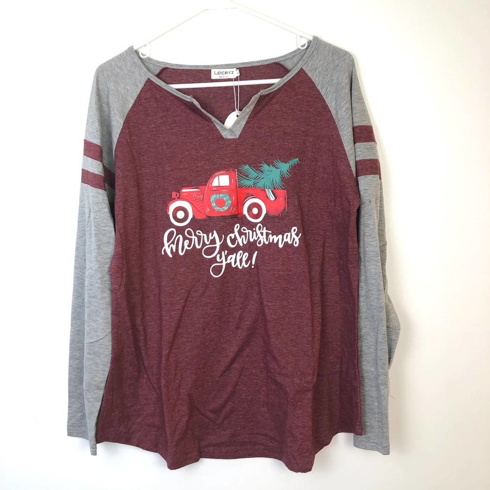 Locryz Long Sleeve Raglan Merry Christmas Y'all T-Shirt Maroon Gray Medium